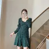 Spring Green Floral Print Short Dresses Women Casual Ruffle Long Sleeve Mini Woman Elastic Vintage 210519