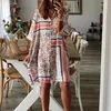 Summer Women Loose Geometric Pattern 3/4 Flare Sleeve Button Up Big Shirt Dress Plus Size Maxi Dresses for Women 210521