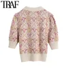 Damesmode Animal Jacquard Gebreide Sweater Vintage Revers Collar Korte Mouw Vrouwelijke Pullovers Chic Tops 210507