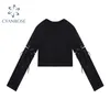 Manches longues Split Cordon À Lacets Crop T Shirt Streetwear Sexy Bar Gothique Punk Noir Tees Mujer Crewneck Tide Tops 210417