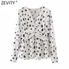 Femmes Mode V Cou Dots Imprimer Smock Blouse Rétro Moderne Lady Wear Taille Presse Plis Chemise Chic Blusas Tops LS7514 210416