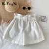 Wide Ben Korta Byxor Kvinnor Bälte Casual Korean Loose Crimping Kawaii Candy Colors Sommar Hög Midja Shorts Kvinna 210506