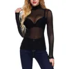 Top sexy da donna a maniche lunghe con collo alto e maniche lunghe da donna, trasparente, con giogo in maglia trasparente, camicetta da donna casual sottile, camicetta da donna