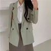 Kruz Göğüslü Kuşaklı Blazer Kadın Kore Moda Ofis Ceket Kaban Bahar Zarif OL Stil Bayanlar Suit Femme 210518