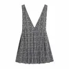 VUWWYV Plaid Pinafore Mini Dress Women Pleated Houndstooth Skirt Wide Adjustable Strap With Buckle Casual Ladies Dresses 210430