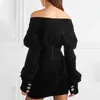 Kapalı Omuz Kadife Parti Elbise Kadın Puf Uzun Kollu Siyah Mini Elbiseler Kadın Büyük Boyutları Seksi Moda Sonbahar 210520