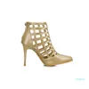Stövlar 2021 mode guld mesh stilett high heels pekade tå fotled för kvinnor tillbaka dragkedja kvinnors skor