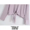 TRAF Women Fashion With Bow Tied Cropped Blouses Vintage Long Sleeve Button-up Female Shirts Blusas Chic Tops 210415