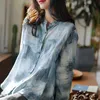 Ramie Casual Solto Soft Bluses para Mulheres Chic Design Elegante Camisas Primavera Sky Collar Vintage Feminino Top Roupas 210525