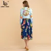 Designer Sommer Vintage Mode Anzug Frauen Casual Blau Langarm Bluse und Faltenrock 2 Zwei Stücke Set 210522