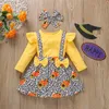 Kinderkleding Sets Meisjes Halloween Outfits Kinderen Flying Mouw Tops Luipaard Pompoen Boog Strap Jurk Hoofdband 3pcs / Set 1794 B3