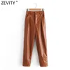 Women Fashion Solid Casual Pockets PU Leather Harem Chic Zipper Fly Trousers Femme Pantalones Mujer Pants P978 210416