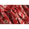 Французский Cross V шеи моно цветочные печатные плитение платья красная женщина элегантные галстуки лук ютные щели тонкий с длинным рукавом MIDI чайные платья 210429