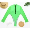 Surfing Sport Swimwear Women Long Sleeve Swimsuit Female High Cut Thong Bathing Suits Swimming Suit For 210521