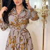 Günlük Elbiseler Moda Fransız Zarif Kadınlar Için Yaz Retro Baskı Müslüman Dubai Abaya Yaka Tek göğüslü Uzun Kollu Gömlek Elbise