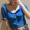 Kadınlar Moda Düğmeleri Süslemeleri Ruffled Kırpılmış Bluzlar Vintage V Boyun Fener Kol Kadın Gömlek Chic Tops 210507