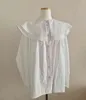 Bahar Tek Göğüslü Kadın Bluz Uzun Kollu Femme Blusas Çift Peter Pan Yaka Pileli Gömlek Katı Renk 210510