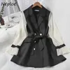 NEPLOE Kobiety Sukienka Jesień 2021 Moda Patchwork Szyfon Z Długim Rękawem Sashes Temperament Notched Collar Koreańscy Dżentseses Y0823