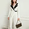 DEAT New V-neck Long Sleeve High Waist White Patchwork Asymmetrical Sashes Folds Loose Fashion Tide Women Jumpsuit 7E1791 210428