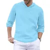 European Style Men's Baggy T Shirts Cotton Linen Hooded Pocket Solid Long Sleeve Retro Shirt Tops