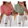 Frauen Sommer Floral Kordelzug Top Sexy Tiefem V-ausschnitt Kurzarm Corp Bluse Dame Mode Pullover Shirts Femme Blusas 210517