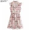 Zevity Holiday Style Kobiety Sweet Pleat Ruffles Patchwork Floral Print Casual Shirt Dress Sukienka Kobieta Chic Bow Sashes Vestidos DS8178 210603