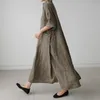 Dameslinnen V-hals Losse jurken Koreaanse Vintage Solid Color Pocket Design Maxi Robe Kimono VKDR2147