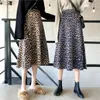 Leopard Kvinnor Midi Skirt Brown Grey Elegant Vintage S0214 210514