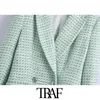 Moda donna doppio petto in tweed check Blazer Coat Vintage manica lunga tasche con patta Capispalla femminile Chic Top 210507