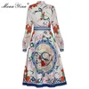 Mode Designer Dress Spring Women Dress Bow Collar Långärmad Beaded Diamond Indie Folk Floral-Print Dresses 210524