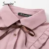 Camicetta da donna casual rosa sexy Camicia a maniche lunghe Cravatta elegante da ufficio Lady OL abbigliamento da lavoro camicette da festa top 210414