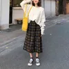 Brown Yellow Plaid Elastic Waist Pleat Ruched Winter Autumn A Line Empire Midi Skirt Casual Mori Girl S0120 210514