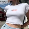 Ezdgaga Kobiety Sexy Topy Z Krótkim Rękawem O-Neck Moda List Haft Szczupła Ruffles Tshirts Expose pępy Baza Tee Casual 210430