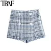 TRAF Mulher Chique Moda Com Botões Tweed Bermudas Shorts Saias Vintage Cintura alta Zíper Feminino Skorts Mujer 210415