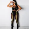 Plus Size Women Clothing Sexy Jumpsuits Summer Strapless Mesh See Through Patchwork Striped Skinny Jumpsuit Overalls 210517