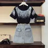 Plus Größe L-4XL Sommer Büro Damen 2-teiliges Set Pailletten Kurzarm T-Shirt Top und High Waist A-Linie Denim Rock Anzug 210518