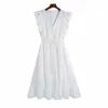 Women Summer Vintage V-Neck Dress ZA Ruffles Hollow Out Embroidery Female Elegant Bow Tie Dresses Clothes Vestidos 210513