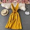 Summer Retro Double-breasted Vestidos Women's Lace-up Waist and Thin Temperament V-neck Sleeveless Split Midi Dress C856 210506