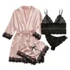 Lace Satin Women Pamas Sleep Robe 4pcs Set Fashion Style Home Clothing Suit Ladies Sexy beha shorts Underwear