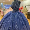 Navy Blue Floral Lace Appliques Quinceanera Klänningar Spaghetti Straps Sweet 15 Gäster Glitter Princess Girls Party Dress