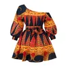 Vestido de mujer estampado africano Dashiki hombro oblicuo mujeres Tops Sexy Casual vestidos cortos estilo étnico Vintage alta cintura túnica 210524