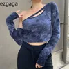 Ezgaga Tie Dye Tshirts Kvinnor Mode One Shoulder Skew Collar Hollow Out Långärmad SVERLE GIRL Topps Sexig Tee Streetwear 210430