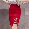 Sexig Office Lady Skirt Höst Mode Kvinnor S Koreanska Hög midja Hål Ut Knee-Längd 6181 50 210506