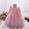 2019 Dress for Girl Długim Rękawem Biały Chrzciel Suknie Dziewczynka 1 Rok Urodziny Wear Toddler Girl Lace Christening Ball Suknia K1 Q0716