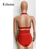 Echoine Kobiet Solidne Seksowne Bikini Zestaw Koronki Up Halter Crop Topy High Waist Majtki Pasujące Dwuczęściowe Stroje Plaża Swimsuit X0522