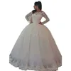 2022 Wiosna Arabskie Muzułmańskie Suknie Ślubne Suknia Balowa Koronki Długie Rękawy Suknie Ślubne Bridal Back Buttons Aplikacje Marokańska Kaftan Tulle Dress Custom