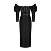 Black Patchwork Lace Dress For Women Slash Neck Puff Long Sleeve High Waist Slim Midi Dresses Female Fashion 210520