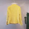 Vintage Tüvit Sarı Ceket Kaban Sonbahar Kış Kadın Zarif Elmaslar Kruvaze Uzun Kollu Ekose Yün Cep Palto 210416
