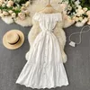 Sexy Off Shoulder Ruffles Women Casual Dresses Slash Neck Single Breasted A-line Summer Chic Hollow Vacation Midi Dress 2021