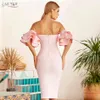 Summer Women Pink Off Shoulder Bodycon Bandage Dress Sexy Butterfly Short Sleeve Celebrity Runway Party Dresses 210423